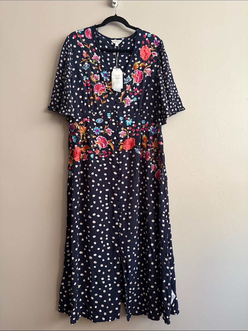Monsoon London Rori Embroidered Tea Dress Navy Blue Polka Dot NWT Size L